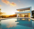 Modern home with large windows overlooks a serene pool at sunset, showcasing architectural beauty and natural elegance
