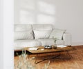 Modern home living room interior, gray sofa and coffee table with decor, white wall with sunlight, wooden floor Royalty Free Stock Photo