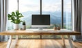 modern minimalist home office setup with computer on wooden desk and large window showing mountain landscape view Royalty Free Stock Photo
