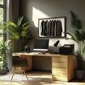 Modern Home Office Design with Desk, Chair, and Plants Royalty Free Stock Photo