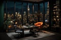 Modern home office interior with city view, dark luxury room at night. Stylish skyscraper apartment with desk, armchairs and Royalty Free Stock Photo