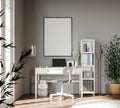 Modern home office interior design with plants and empty white picture frame