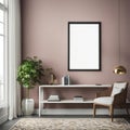 Modern home office interior with desk, chair, blank frame, plant, and decor Royalty Free Stock Photo