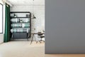 Modern home office interior with a desk, computer, and bookshelf on a brick wall background, concept of an organized workspace. 3D Royalty Free Stock Photo