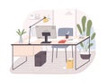 Modern home office interior. Remote workplace with desk, chair, computer and potted plants. Front view of empty working Royalty Free Stock Photo