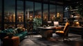 Modern home office interior in skyscraper, dark luxury room with night city view. Stylish apartment with big window and orange Royalty Free Stock Photo