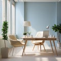 Modern home office with laptop on desk. Minimalist interior design. Productive workspace with efficient desk setup. Clean, stylish Royalty Free Stock Photo