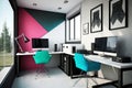 Modern home office with pink, blue and green walls. Generative AI Royalty Free Stock Photo