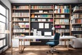 A modern home office setup with a sleek desk, ergonomic chair, and a wall of bookshelves filled with colorful binders and