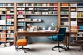 A modern home office setup with a sleek desk, ergonomic chair, and a wall of bookshelves filled with colorful binders and