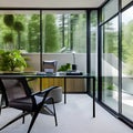 A modern home office with a sleek glass desk, ergonomic chair, and floor-to-ceiling windows overlooking a lush garden3, Generati