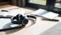 wireless headphones on modern desk with notebooks and pen in home office light Royalty Free Stock Photo