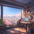 Modern Home Office with Stunning Cityscape Views Royalty Free Stock Photo