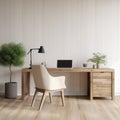 Modern home office with wooden desk and office chair against of white wall. Scandinavian interior design Royalty Free Stock Photo