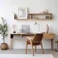 Modern home office with wooden desk and office chair against of white wall. Scandinavian interior design Royalty Free Stock Photo