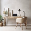 Modern home office with wooden desk and office chair against of white wall. Scandinavian interior design of modern living room Royalty Free Stock Photo