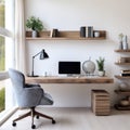 Modern home office with wooden desk and office chair against of white wall. Scandinavian interior design of modern living room Royalty Free Stock Photo