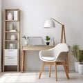 Modern home office with wooden desk and office chair against of white wall. Scandinavian interior design of modern living room Royalty Free Stock Photo