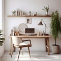 Modern home office with wooden desk and office chair against of white wall. Scandinavian interior design of modern living room Royalty Free Stock Photo