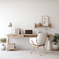 Modern home office with wooden desk and office chair against of white wall. Scandinavian interior design of modern living room Royalty Free Stock Photo