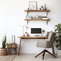 Modern home office with wooden desk and office chair against of white wall. Scandinavian interior design of modern room Royalty Free Stock Photo