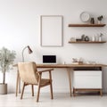 Modern home office with wooden desk and office chair against of white wall. Scandinavian interior design of modern room Royalty Free Stock Photo