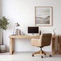 Modern home office with wooden desk and office chair against of white wall. Scandinavian interior design of modern room Royalty Free Stock Photo