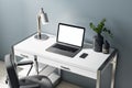 Modern home office workplace with white stylish futniture, leather chair and laptop with blank white screen. Mockup
