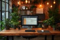 cozy modern home office workspace with wooden desk computer monitor and numerous green plants in warm ambient lighting Royalty Free Stock Photo