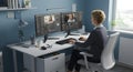 Female Video Editor Working on Dual Monitors in Modern Home Office Royalty Free Stock Photo