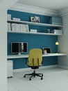 Modern home office with yellow chair and blue wall interior design 3d Rendering Royalty Free Stock Photo