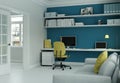 Modern home office with yellow chair and blue wall interior design 3d Rendering