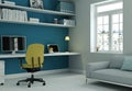 Modern home office with yellow chair and blue wall interior design 3d Rendering Royalty Free Stock Photo