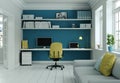 Modern home office with yellow chair and blue wall interior design 3d Rendering Royalty Free Stock Photo