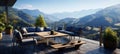 modern home overlooks the mountains and valley from deck