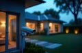 Modern home security system at night. Smart camera placed outside modern house. Evening peaceful time. Safe, comfortable Royalty Free Stock Photo
