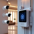 A modern home surveillance system featuring three white security cameras mounted on a wall Royalty Free Stock Photo