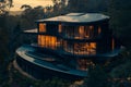 Modern home with a unique design nestled in the trees. Royalty Free Stock Photo