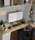 Modern home workplace interior design with computer and office supplies on wood table Royalty Free Stock Photo