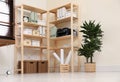 Modern home workplace with wooden storage
