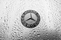 The modern hood emblem of Mercedes-Benz car in raindrops. Royalty Free Stock Photo