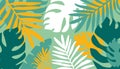 Modern horizontal natural abstract colorful backdrop with tropical leaves and scribble on green background.