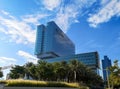 Modern hospital building surrounded by clouds - Cleveland Clinic Abu Dhabi in Al Maryah island Royalty Free Stock Photo