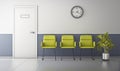 Modern hospital corridor with door and chairs. Waiting area. 3d