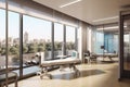 modern hospital, with glass walls and sleek furniture, offering a view of the bustling hospital