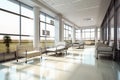 modern hospital, with glass walls and sleek furniture, offering a view of the bustling hospital