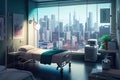 a modern hospital room with view of city skyline, showcasing the bustling and vibrant urban life