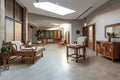 modern hospital with warm, natural accents, such as wooden furniture and stone floors