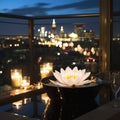 modern hotel bedroom hot tub on patio suite big windows view on at blue night city Royalty Free Stock Photo