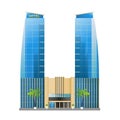 Modern hotel building, skyscrapers towers with palm trees icon isolated on white background, vector illustration. Royalty Free Stock Photo